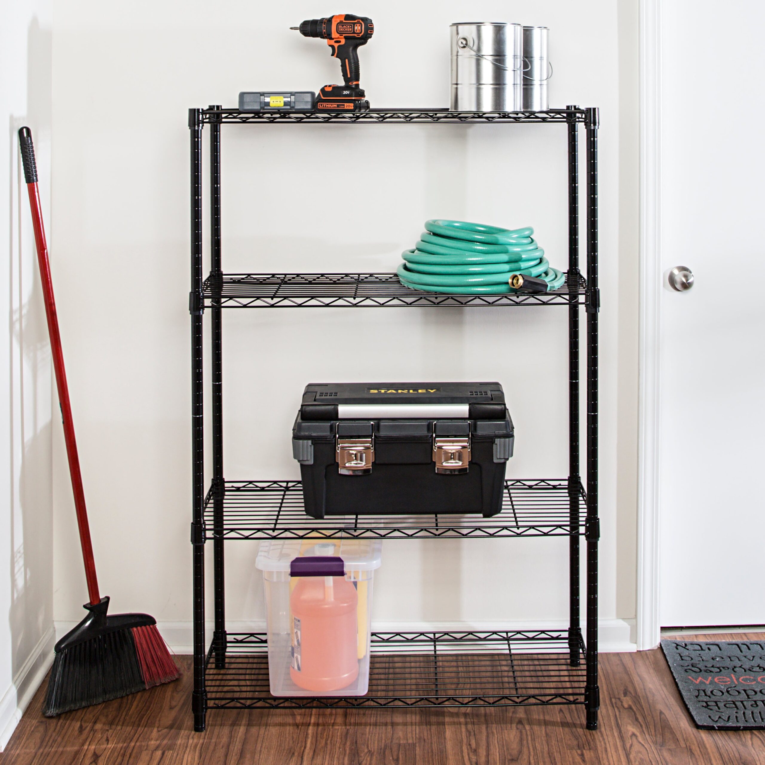 black 4 tier adjustable shelving unit with 350 lb shelf capacity black 4 tier adjustable shelving unit with 350 lb shelf capacity