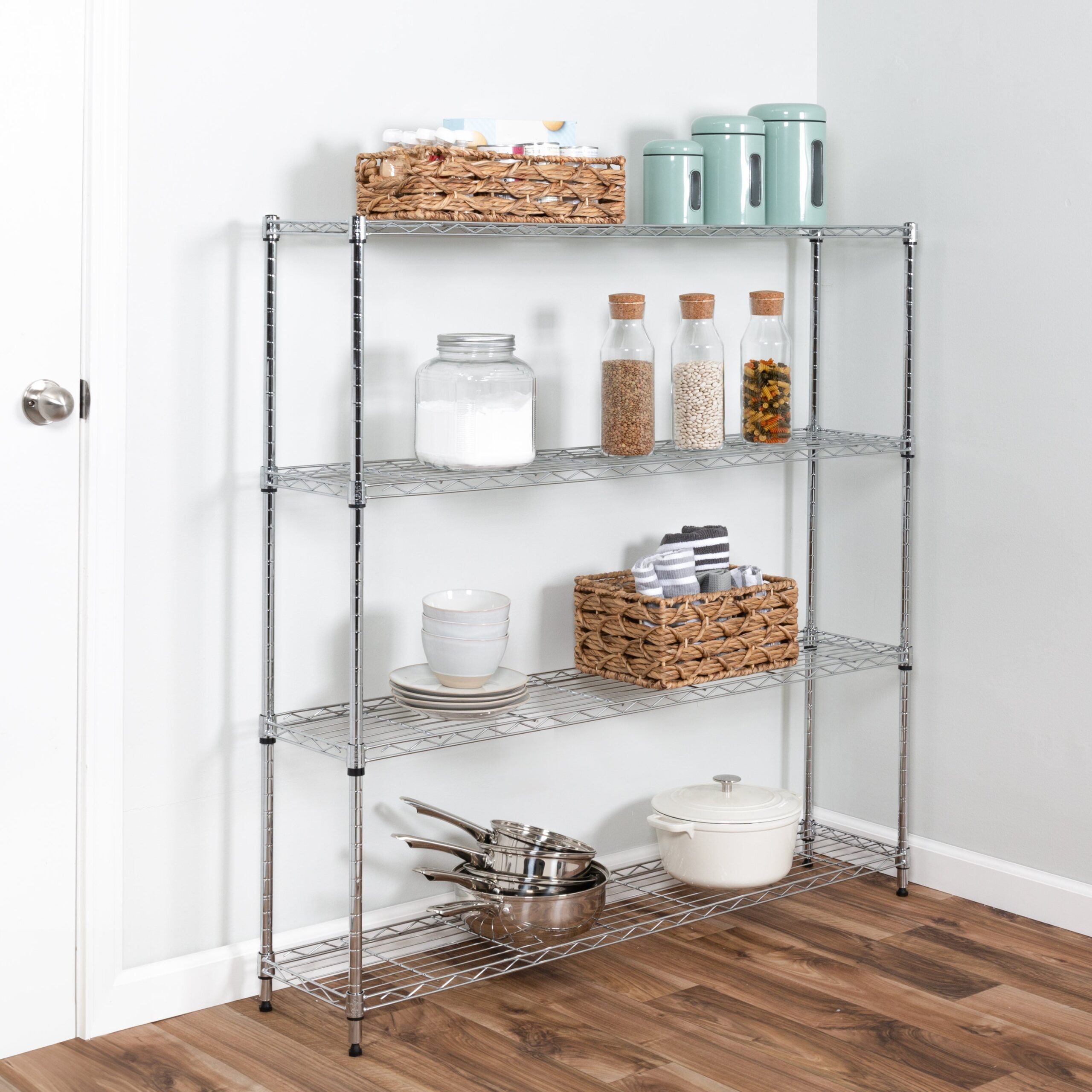 chrome steel 4 tier slim profile wide shelving unit chrome steel 4 tier slim profile wide shelving unit